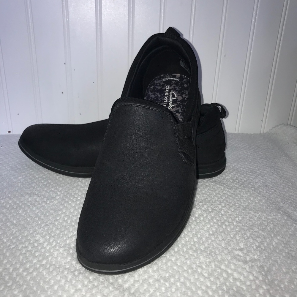 Clarks Cloudstepper Black Leather Slip On Loafers Flats 9.5 Wide